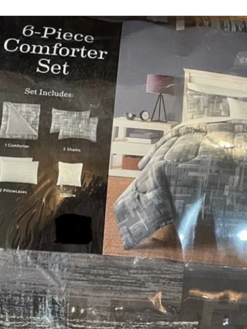 NEW JCPenney 6 Piece comforter Bed in bag Set pillow LARSON Geo Print Gray QUEEN